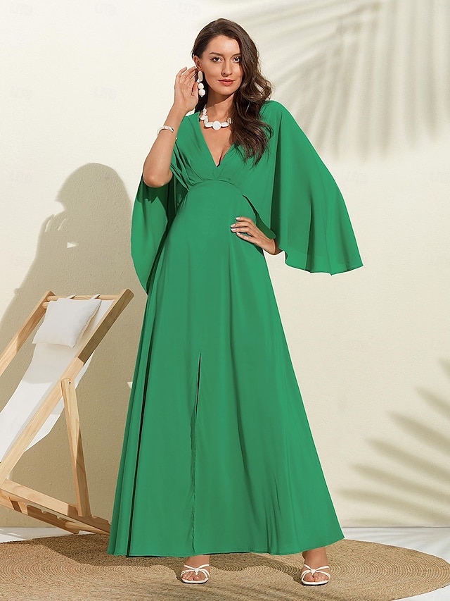  damska sukienka dla gościa weselnego, maxi, zielona, z dekoltem w kształcie litery V, z dolmanowym rękawem i peleryną