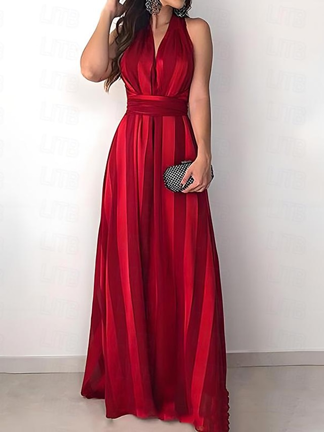  dámské červené vánoční šaty společenské šaty silvestrovské šaty koktejlové šaty polospolečenské šaty dlouhé šaty červené bez rukávů pruhovaný potisk léto jaro v výstřih párty jarní šaty