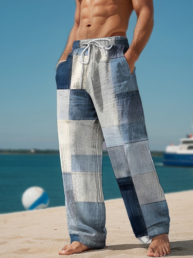 Plaid Color Block Men's Resort 3D Printed Casual Pants Trousers Elastic Waist Drawstring Loose Fit Straight-Leg Summer Beach Pants S TO 3XL