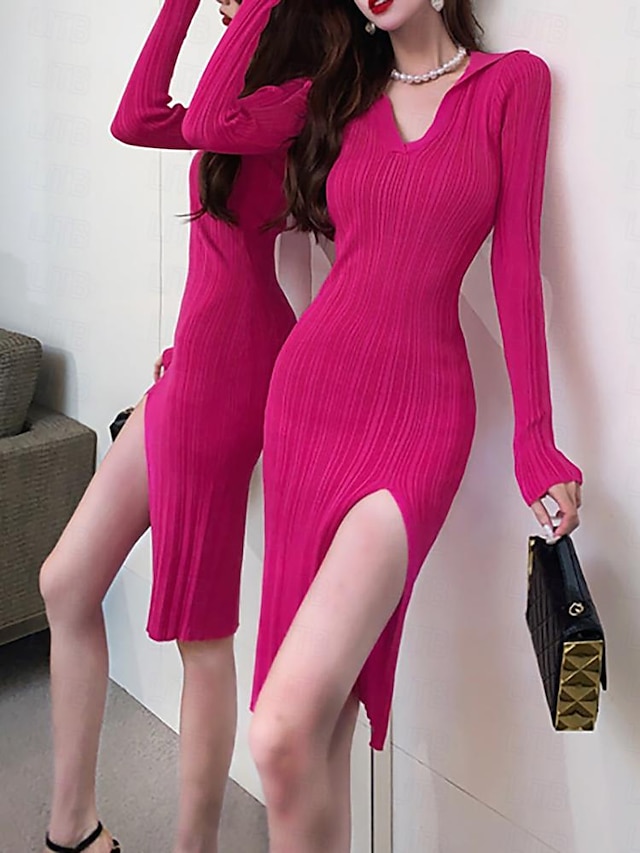 Women's Knit Dress Midi Dress Split Sexy Split Thigh Lapel Long Sleeve Black Rose Red Color