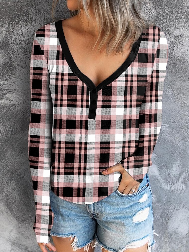 Women's T Shirt Henley Shirt Plaid Fashion Long Sleeve V Neck Regular Tops Daily Weekend Buttons Print Yellow Pink Blue Purple Green Spring & Fall 6