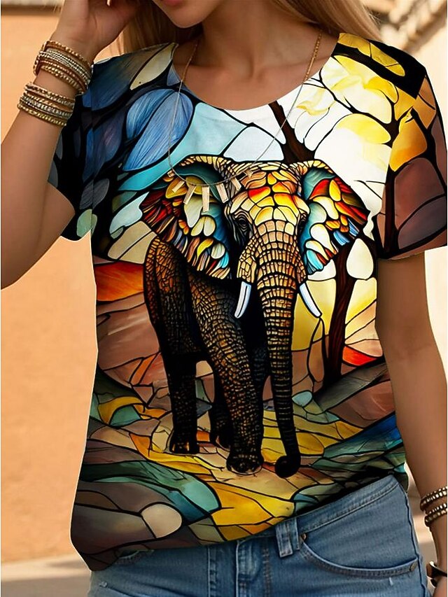 Women's T Shirt Fashion Floral Print Short Sleeve Regular Tops Round Neck Daily Weekend Yellow Blue Orange Summer4