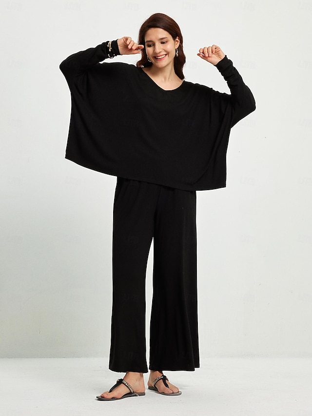  Solid Round Neck Loose Trousers Set