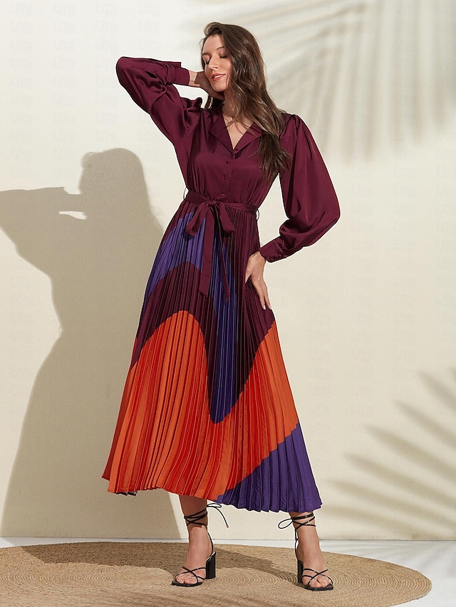  Women's Satin Dress Hem Maxi Purple Long Sleeve Geometic Button Tie Belt Spring V Neck Maxi Dress S M L