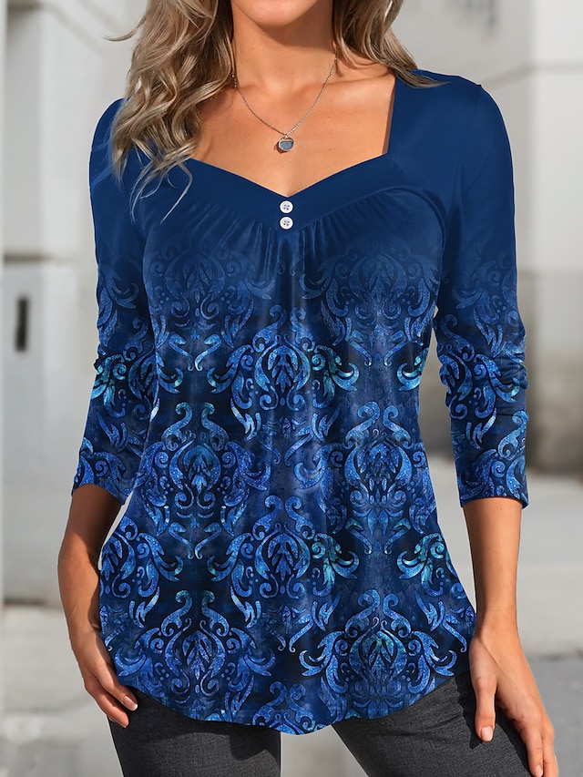  Mujer Camisa Blusa Graphic Botón Estampado Casual Moda Manga Larga Escote Cuadrado Azul Piscina Primavera & Otoño