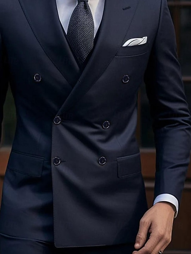 Modest Peak Lapel Slim Fit Men's Suits Blue 2 Pieces Solid Color Wedding Suit main image 1