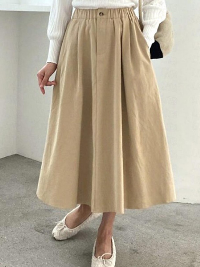  Mujer Falda Línea A Midi Alta cintura Faldas Bolsillo Color sólido Casual Diario Fin de semana Verano Algodón y lino Básico Casual Beige