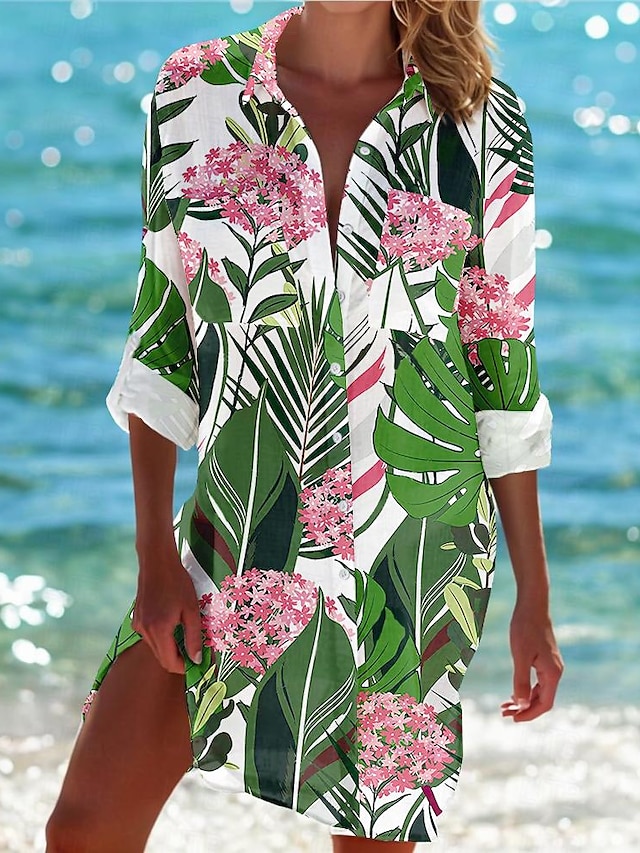  قميص هاواي نسائي قميص بلوزة ورد فضفاض مناسب للعطلات شاطئ أزرار طباعة أرجواني كم طويل العطلة ستايل هاواي نمط الشاطئ قبعة القميص ربيع & الصيف