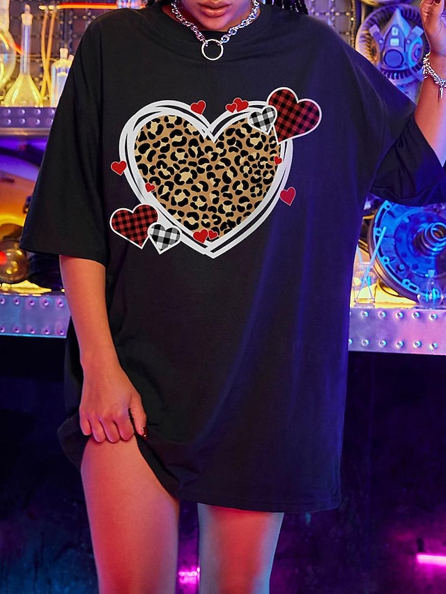  Mulheres Camiseta Algodão Coração Leopardo Feriado Para Noite Imprimir Preto Manga Curta Moda Decote Redondo Primavera Verão