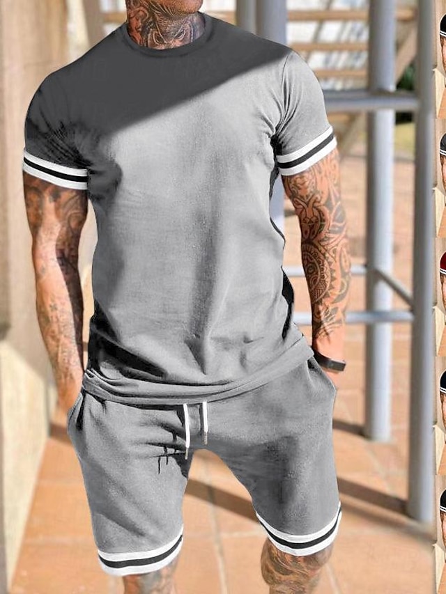  Men's T-shirt Suits 2 Pieces Outfits Tee & Shorts Plain Crew Neck Daily Wear Vacation Short Sleeve Patchwork 2 Piece Clothing Apparel Fashion Casual
