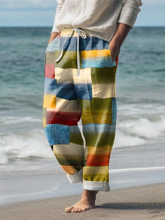  Color Block plaid męskie spodnie typu resort z nadrukiem 3d spodnie na co dzień spodnie elastyczny pas ściągany sznurkiem luźny krój proste nogawki letnie spodnie plażowe od rozmiaru s do 3xl