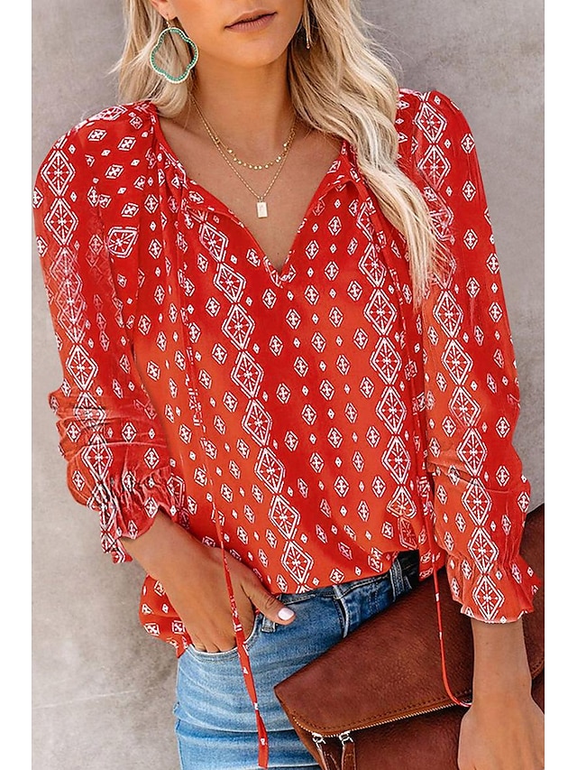  camicia da donna camicia boho camicetta moda floreale geometrico con lacci stampa manica lunga top regolari scollo a V casual festa nero bianco rosa vino rosso primavera&  autunno