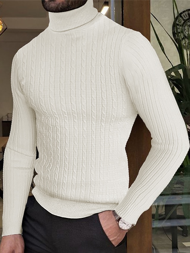 Męskie Sweter Sweter z golfem Pulower Prążkowany Robić na drutach Dzianiny Równina Golf Zatrzymujący ciepło Współczesny współczesny Dzienne zużycie Wyjściowe Odzież Jesień i zima Wino Czarny M L XL