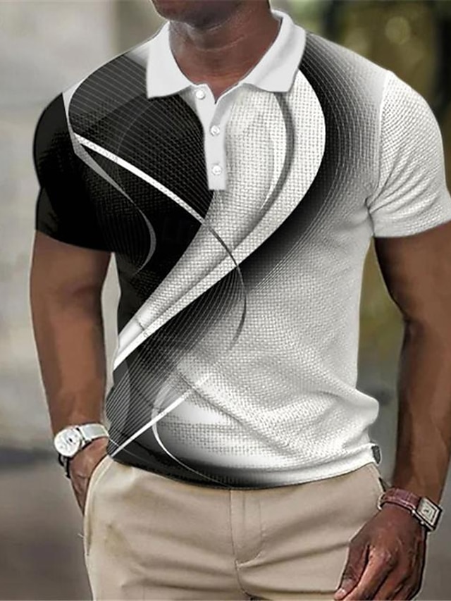  Geometria Gradual Homens Business casual 3D Imprimir Camiseta Polo Camisa Polo Waffle Rua Vestir para trabalhar Roupa Diária Tecido Waffle Manga Curta Aberto para a Lateral Camisas polo Branco
