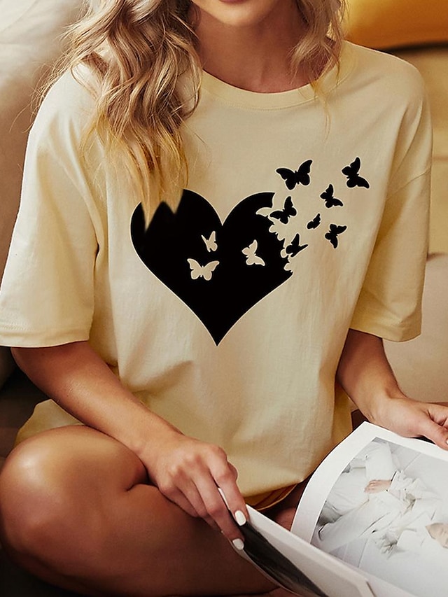  Femme T shirt Tee Coton Cœur Papillon Imprimer Vacances Mode Manche Courte Col Rond Beige Printemps été
