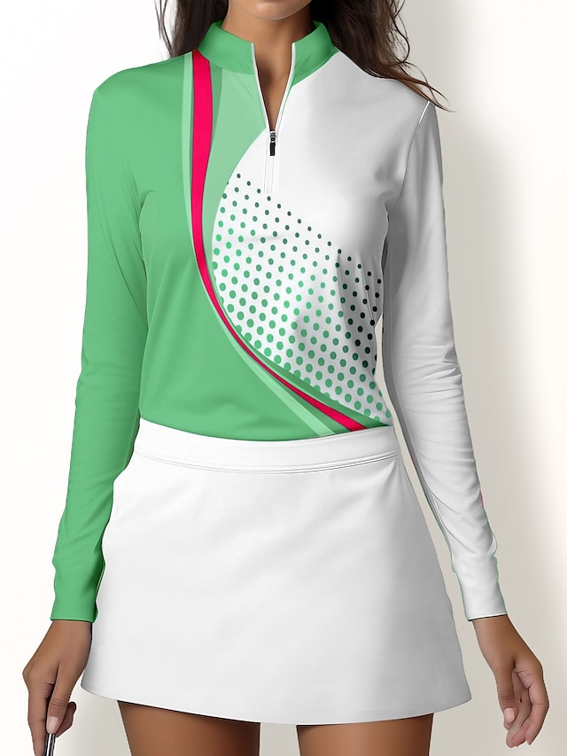  Femme T-shirt POLO Vert manche longue Protection Solaire Top Pois Automne Hiver Vêtements de golf pour femmes, tenues, vêtements