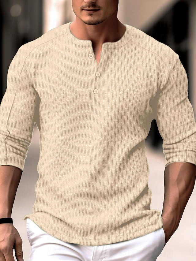  Herren Waffel-Henley-Hemd Henley Shirt T-Shirt langarmshirt Glatt Henley Strasse Urlaub Langarm Bekleidung Modisch Designer Basic