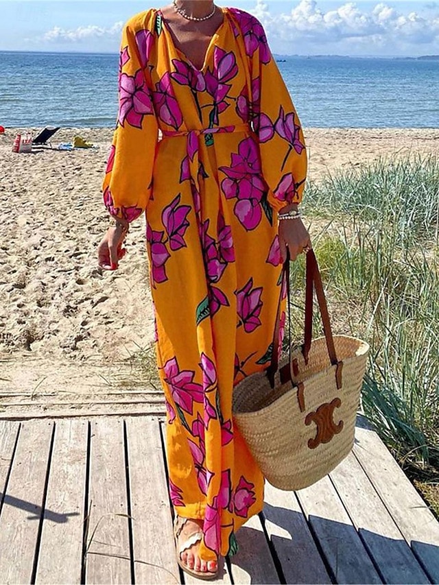  Mujer Vestido informal Floral Bolsillo Estampado Escote en Pico vestido largo vestido largo Boho Vacaciones Manga Larga Verano Primavera