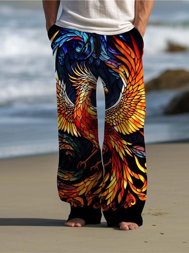  farvet glas phoenix herre 3d-printede fritidsbukser bukser elastisk talje snøre løs pasform sommer strandbukser med lige ben s til 3xl