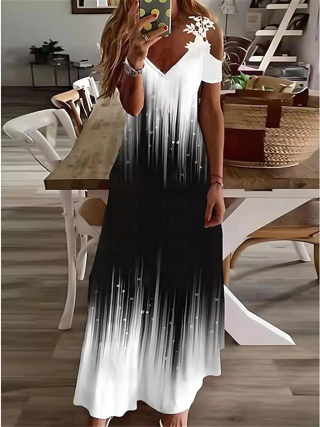  Women's Casual Dress A Line Dress Ombre Floral Cut Out Print V Neck Maxi long Dress Casual Daily Short Sleeve Summer Spring