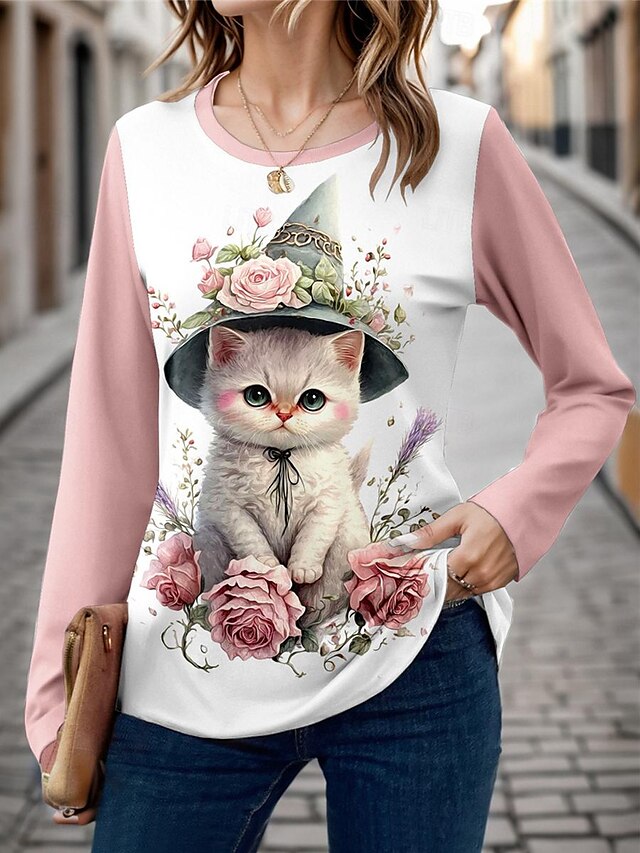 Women's T shirt Tee Animal Cat Daily Weekend White Pink Purple Print ...