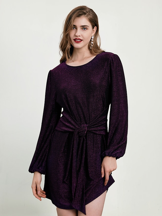 Women's Party Dress Cocktail Dress Wedding Guest Dress Mini Dress Purple Long Sleeve Pure Color Lace up Sparkle Spring Fall Winter Crew Neck Fashion Party Modern Winter Dress Christmas Wedding Guest