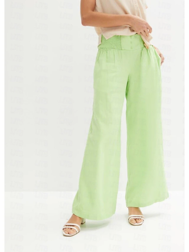 Women's EU / US Size Cotton Linen Pants Straight Casual / Sporty Full Length Natural Plain Pocket Breathable Inelastic Vacation Apple Green Light Coffee Dark Chocolate Spring & Fall Loose Fit 10