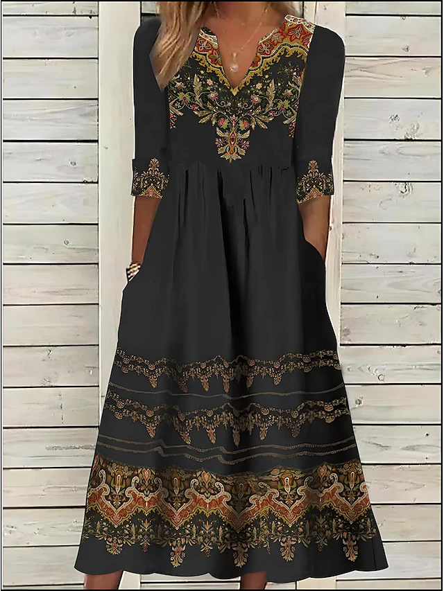 Women's Midi Dress Ethnic Dress Summer Dress Print Dress Vintage Ethnic Tribal Outdoor Daily Date Regular Fit Floral Tribal Half Sleeve Split Neck Black Summer Spring 7