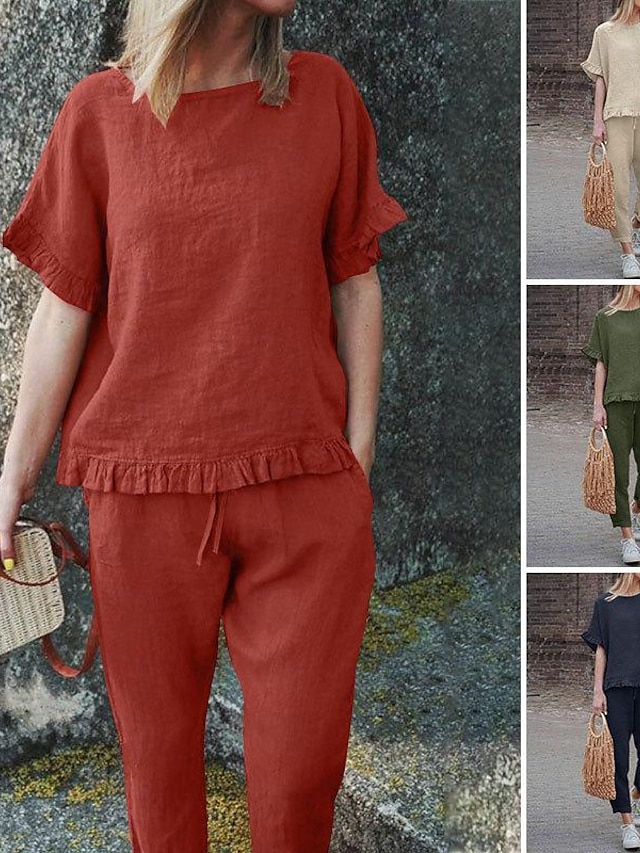  Dámské Aktivní Základní Sady inspirované lnem Dvoudílné sady Halenka Krátký rukáv Tričkový Pevná barva Šňůrky Dovolená Běžné / Denní Černá Armádní zelená Rubínově červená Léto Běžný