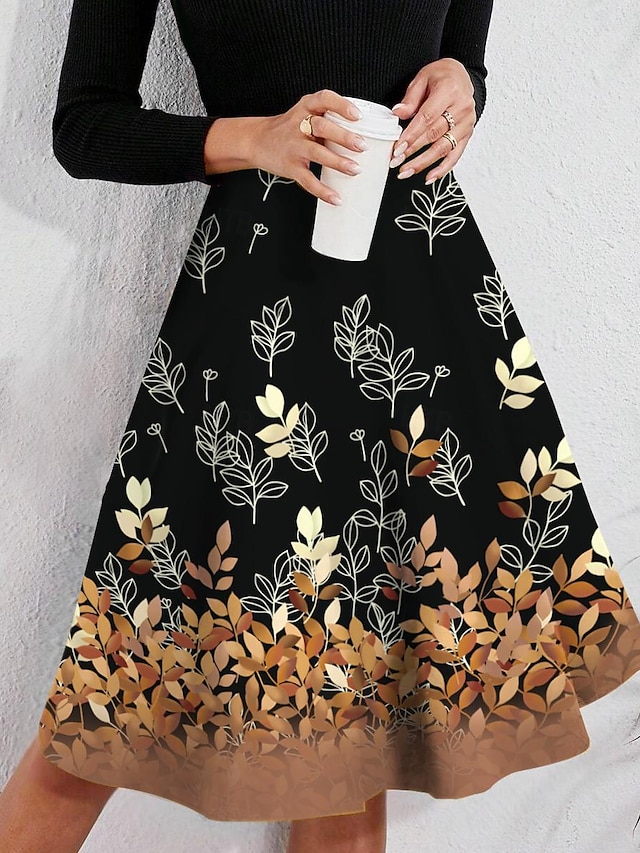  Women's Skirt A Line Swing Knee-length High Waist Skirts Print Trees / Leaves Street Daily Summer Polyester Fashion Casual Yellow Purple