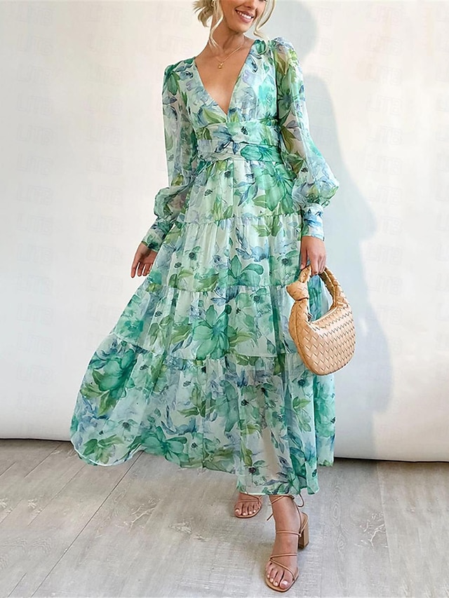  Γυναικεία Καθημερινό φόρεμα Φόρεμα σε γραμμή Α Φλοράλ Στάμπα Λαιμόκοψη V Μακρύ Φόρεμα Μάξι Φόρεμα Διακοπές Μακρυμάνικο Καλοκαίρι Άνοιξη
