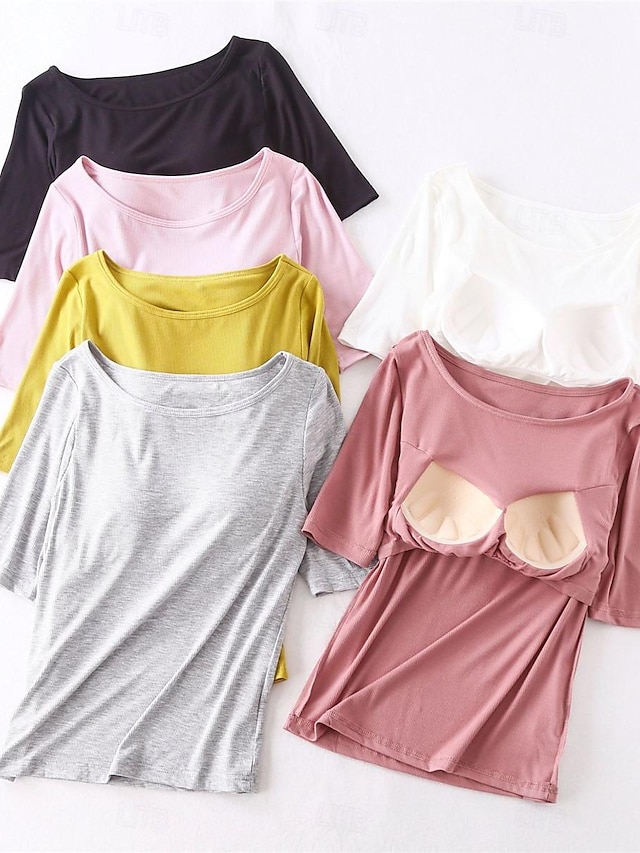  Γυναικεία Πυτζάμες Μπλουζάκια (Tops) Μονόχρωμες Απλός Ανατομικό Σπίτι Καθημερινά Κρεβάτι Μοντάλ Αναπνέει Στρογγυλή Ψηλή Λαιμόκοψη Μισό μανίκι Μπλουζάκι Επιθέματα στο στήθος Καλοκαίρι Μαύρο Λευκό