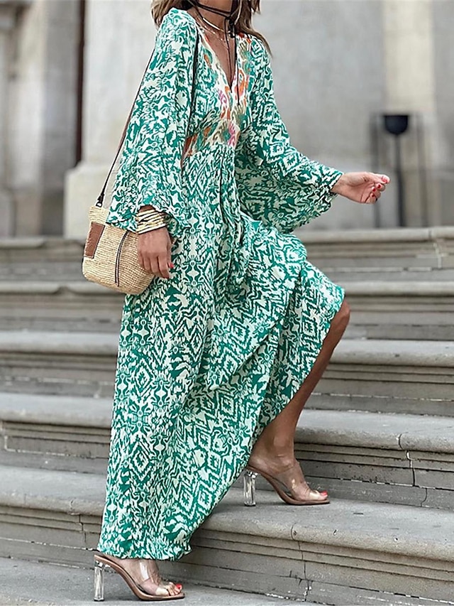 Női hétköznapi ruha Színes Nyomtatott V-alakú Hosszú ruha Maxi ruha Csehország Etno Vakáció Hosszú ujj Nyár