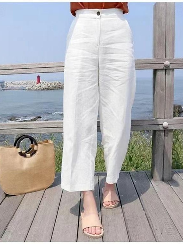  Women's Pants Trousers Cotton And Linen Plain Black White Fashion Ankle-Length Casual Daily Spring &  Fall