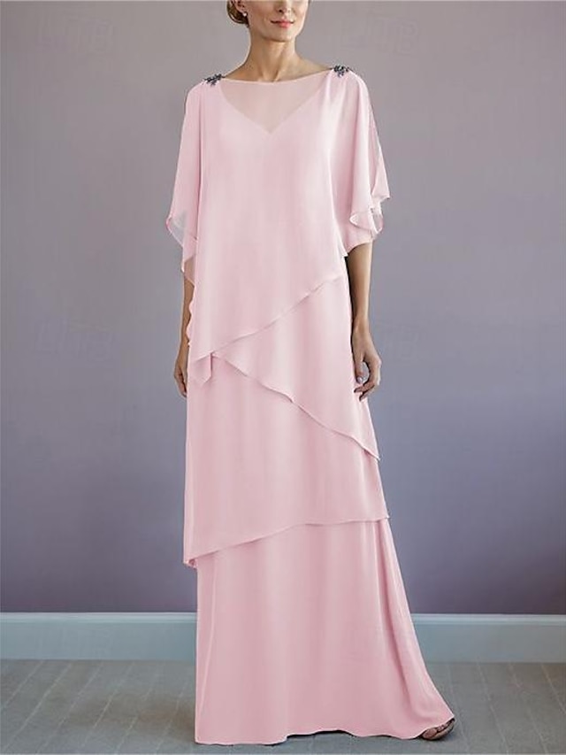  A-Line Mother of the Bride Dress Formal Wedding Guest Elegant Bateau Neck Floor Length Chiffon Half Sleeve with Ruffles Draping Tier 2024