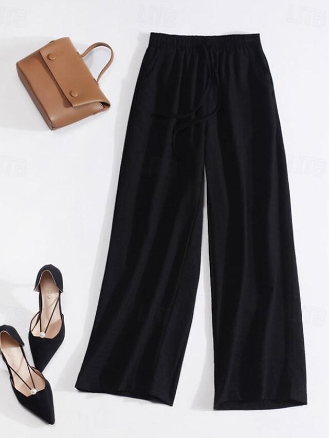 Women's Wide Leg Linen Pants Pants Trousers Fashion Full Length Shamrock Drawstring Side Pockets Breathability Comfortable Casual Daily Black Spring & Summer3