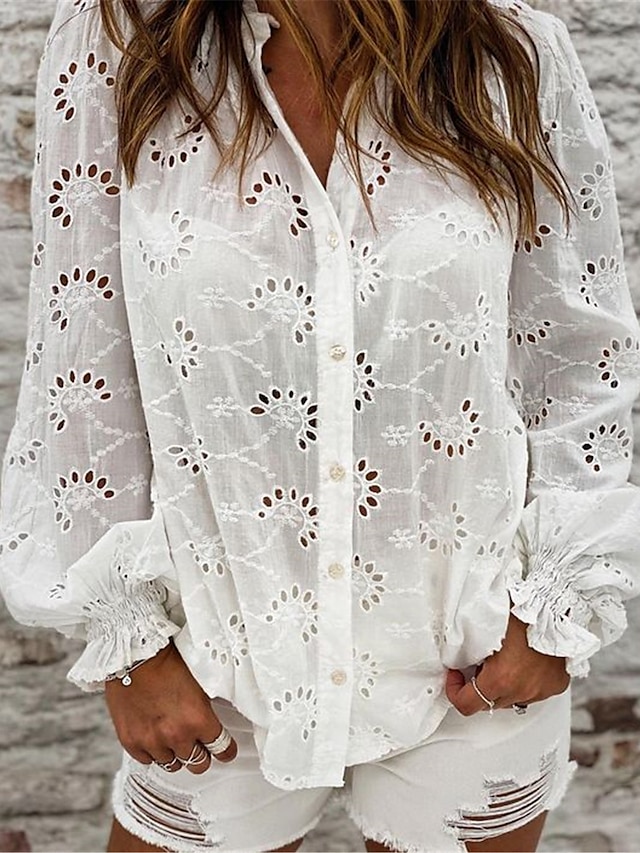  Damen Bluse Öse oben Baumwolle Glatt Taste Ausgehen Strand Modisch Brautkleider schlicht Laternenärmel Langarm V Ausschnitt Weiß Frühling