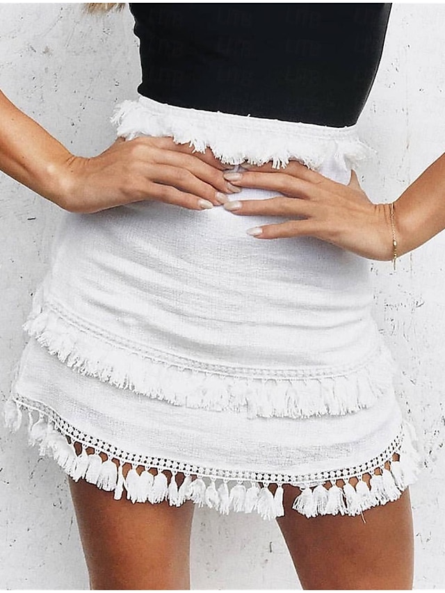  Women's Skirt Bodycon Mini High Waist Skirts Tassel Fringe Solid Colored Casual Daily Weekend Summer Linen Fashion Casual White Red