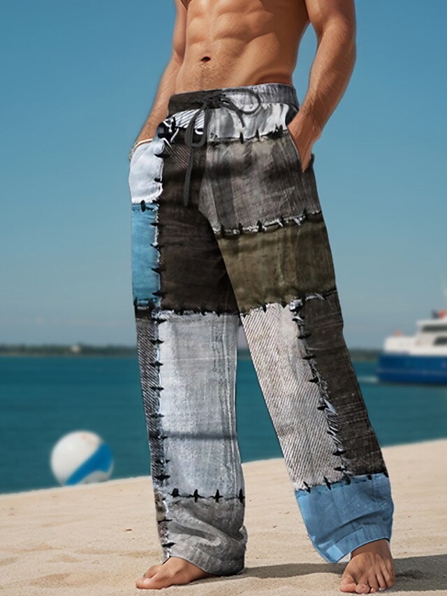  Pantalon décontracté imprimé en 3D à carreaux color block pour hommes, taille élastique, cordon de serrage, coupe ample, jambe droite, pantalon de plage d'été s à 3xl