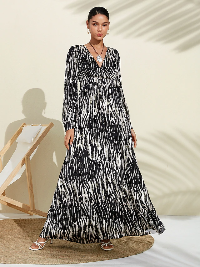 Neva Black & White Spotted Print Bubble Satin V Neck Long Sleeve Swing Maxi Dress 6