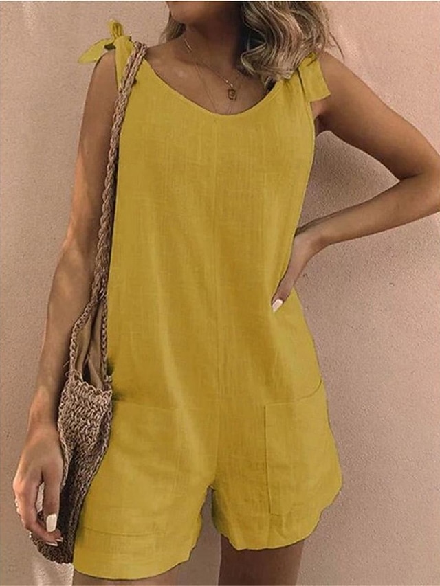  Damen Normal Kurz Jumpsuit Basic Feste Farbe Ärmellos V Ausschnitt Tasche Täglich Wochenende Regular Fit Weiß Gelb Blau Sommer