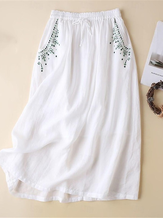  Mujer Falda Columpio Midi Alta cintura Faldas Bordado Floral Casual Diario Fin de semana Verano Sabana de algodon Básico Casual Blanco Rosa Naranja