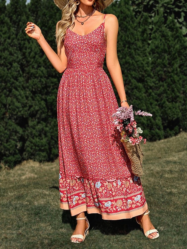 Women's Casual Dress Floral Print Strap Long Dress Maxi Dress Bohemia Vacation Sleeveless Summer