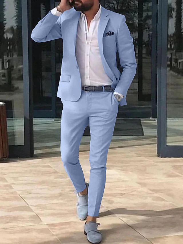 Sky Blue Men's Linen Suits Beach Wedding Summer Suits Solid Colored 2 ...