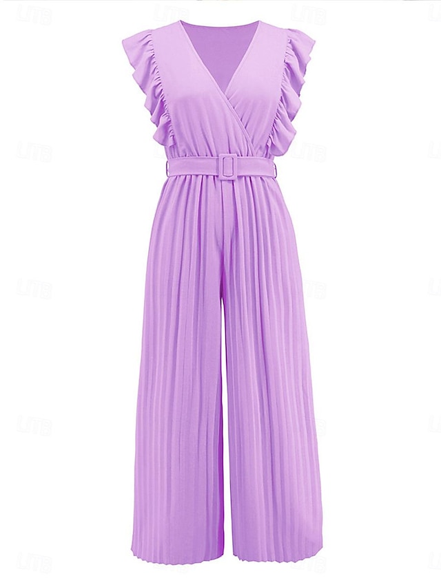 Womens Normal Jumpsuit Elegant Solid Color Sleeveless V Neck Ruffle