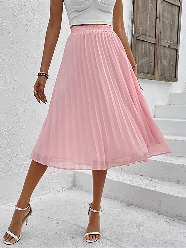  Women's Skirt Swing Knee-length High Waist Skirts Pleated Solid Colored Daily Date Summer Chiffon Elegant Fashion Casual Pink