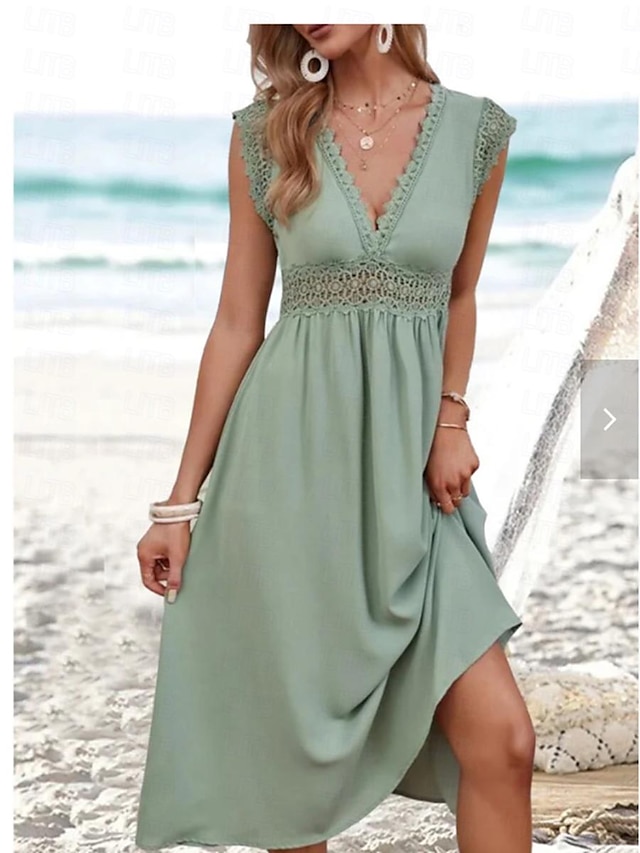  Women's A Line Dress Plain Dress Midi Dress Zipper Eyelet Elegant Hawaiian V Neck Short Sleeve Green Color