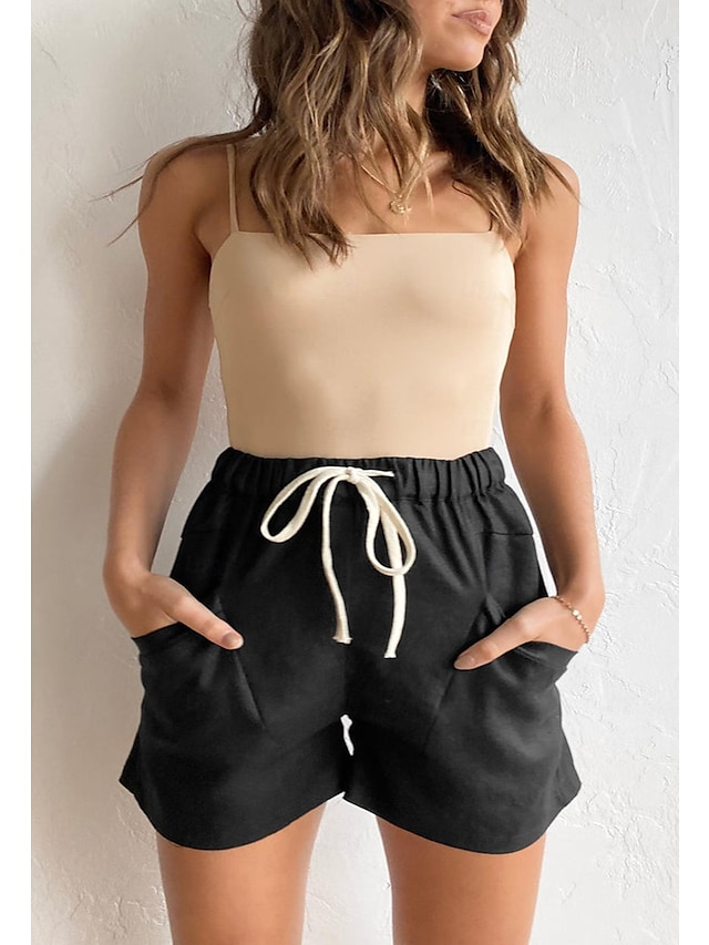  Damen Leinenhose Shorts Kurze Hosen Bettwäsche aus Baumwolle Seitentaschen Kurz Schwarz Sommer