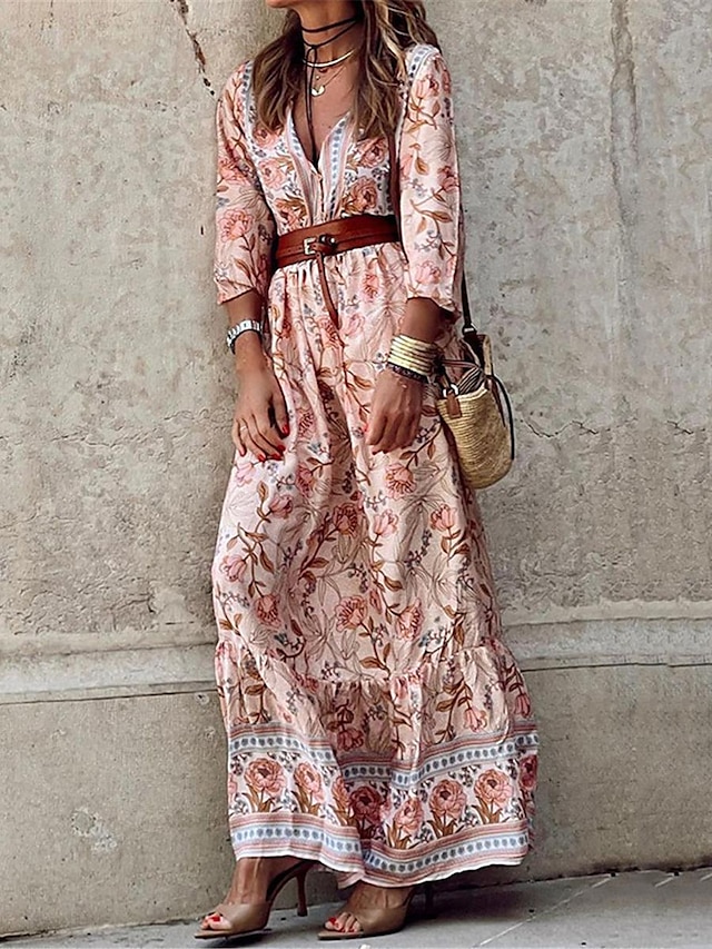  Női hétköznapi ruha Virágos Nyomtatott V-alakú Hosszú ruha Maxi ruha Csehország Vakáció Nyár
