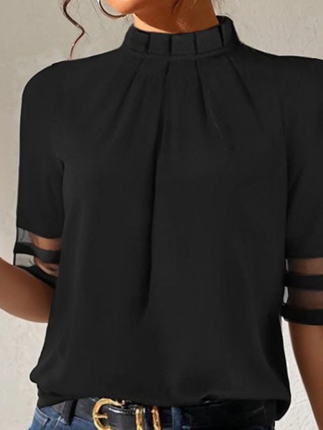  בגדי ריקוד נשים חולצה אחיד רשת קזו'אל בסיסי שרוולים קצרים גולף צווארון גבוה שחור